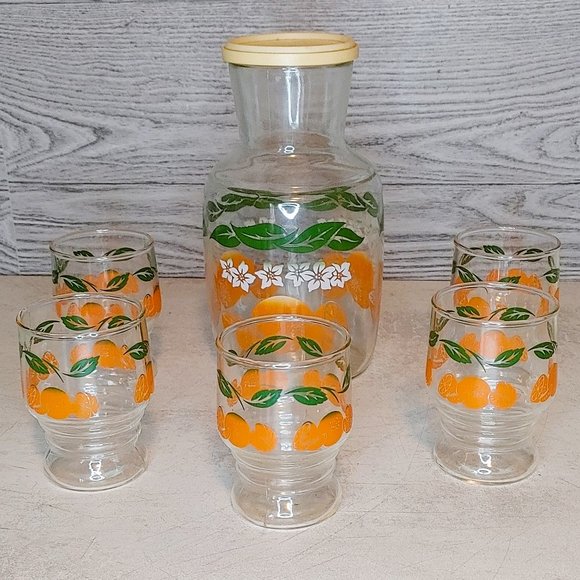 Vintage Orange Juice set, juice glasses & refrigerator bottle with oranges print - Picture 1 of 3